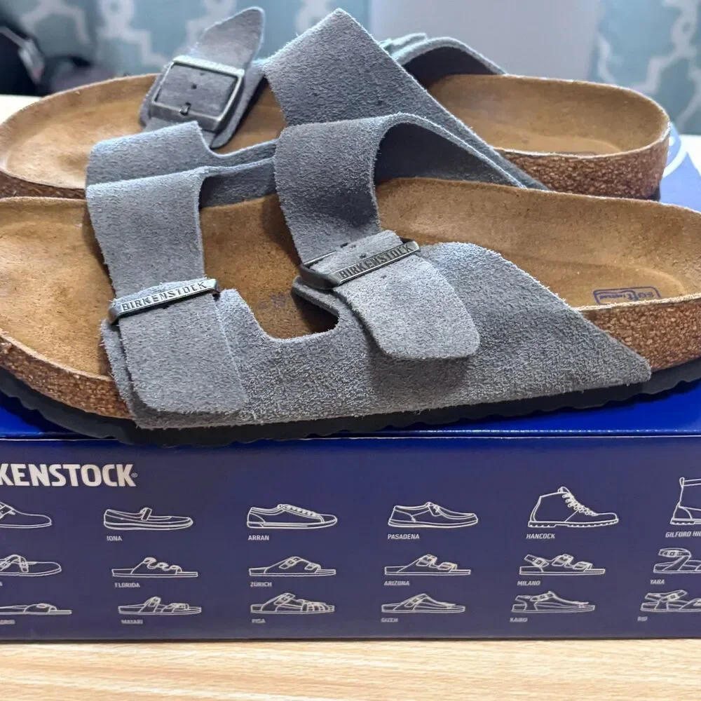 Birkenstock Sandals Arizona Suede Leather Stone Blue Adjustable Strap EUC EU 41